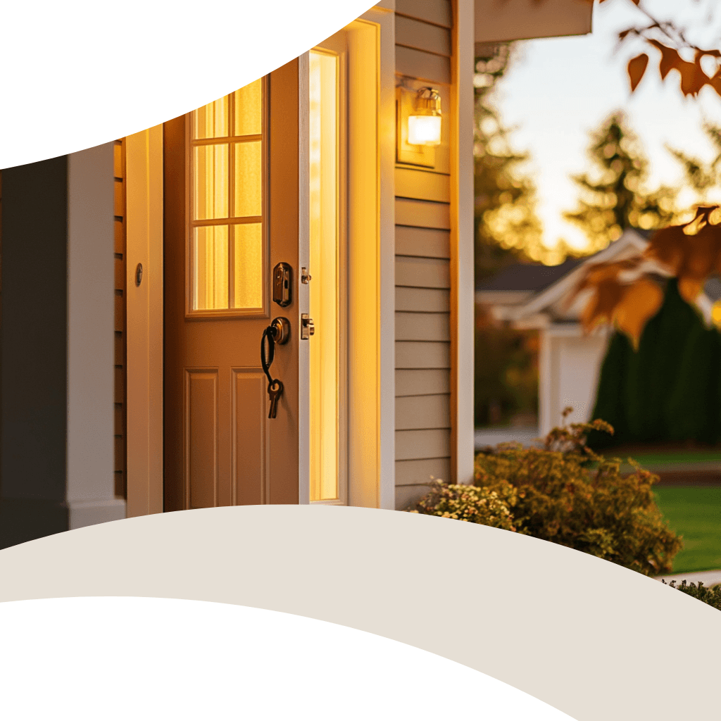 Outdoor view of a home with an open door and a garden.